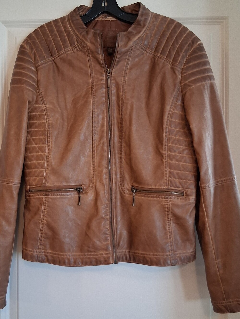 Women's M.S.S.P. Faux Leather Carmel/Cognac Brown Moto Bomber Jacket Size XL